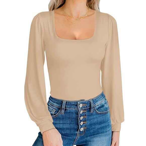 MANGOPOP NWT Beige Nude Square Neck Puff Lantern Long Sleeve Bodysuit Sz L - Picture 1 of 10